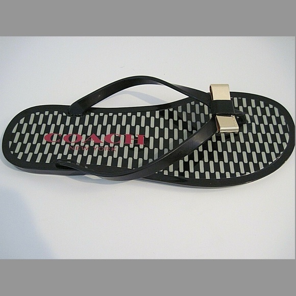 Women's Coach Landon Black Jelly Thong Flip Flop Sandals with Gold Bow, size 8.5 - Picture 3 of 13